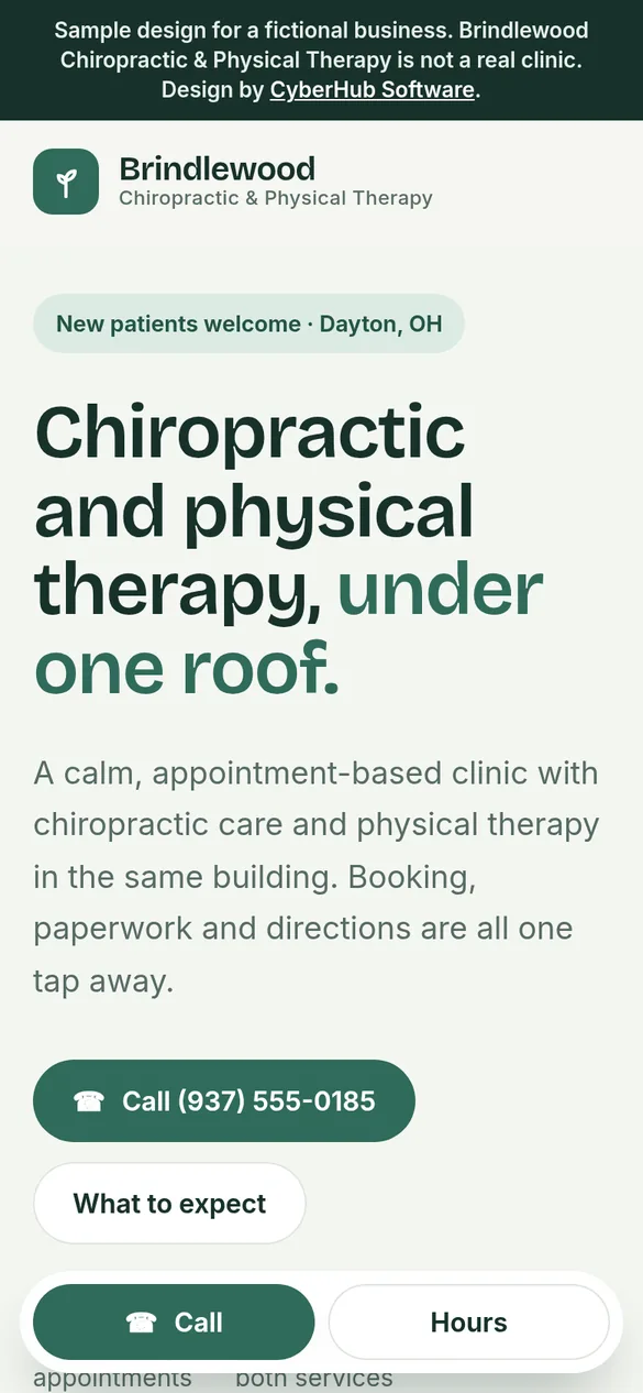 After: CyberHub's modern, phone-first sample design for the fictional Brindlewood Chiropractic & Physical Therapy