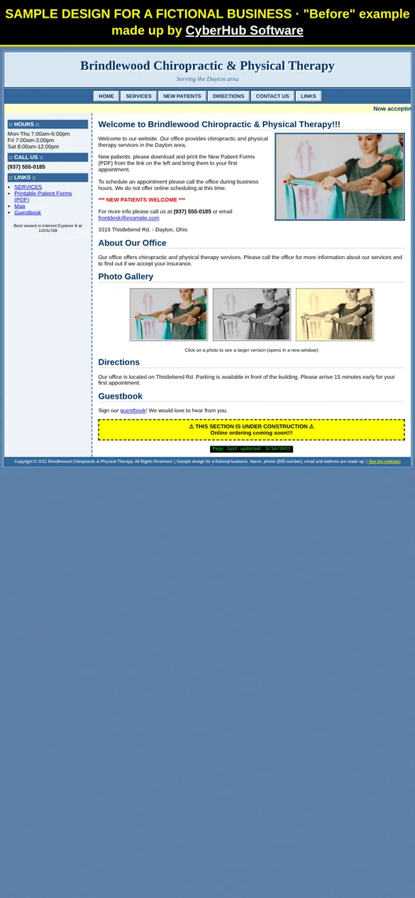 Before: a dated, desktop-only sample site for the fictional Brindlewood Chiropractic & Physical Therapy, shrunk onto a phone screen