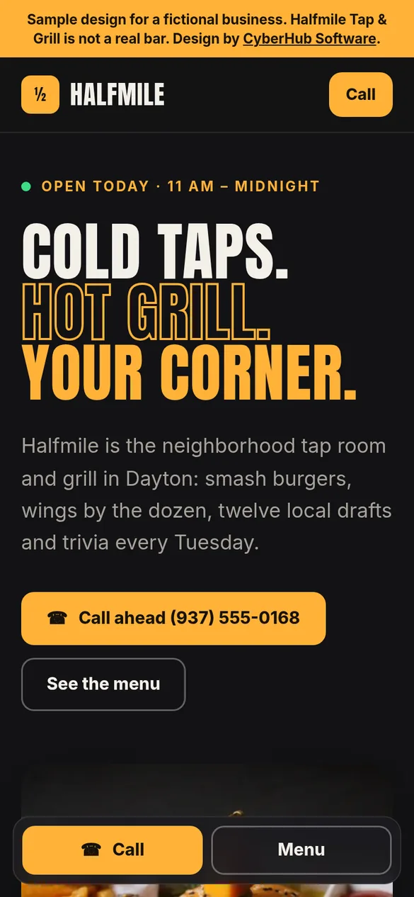 After: CyberHub's modern, phone-first sample design for the fictional Halfmile Tap & Grill