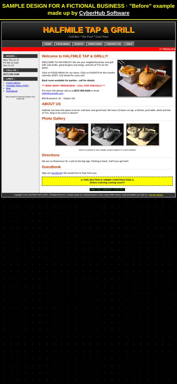 Before: a dated, desktop-only sample site for the fictional Halfmile Tap & Grill, shrunk onto a phone screen