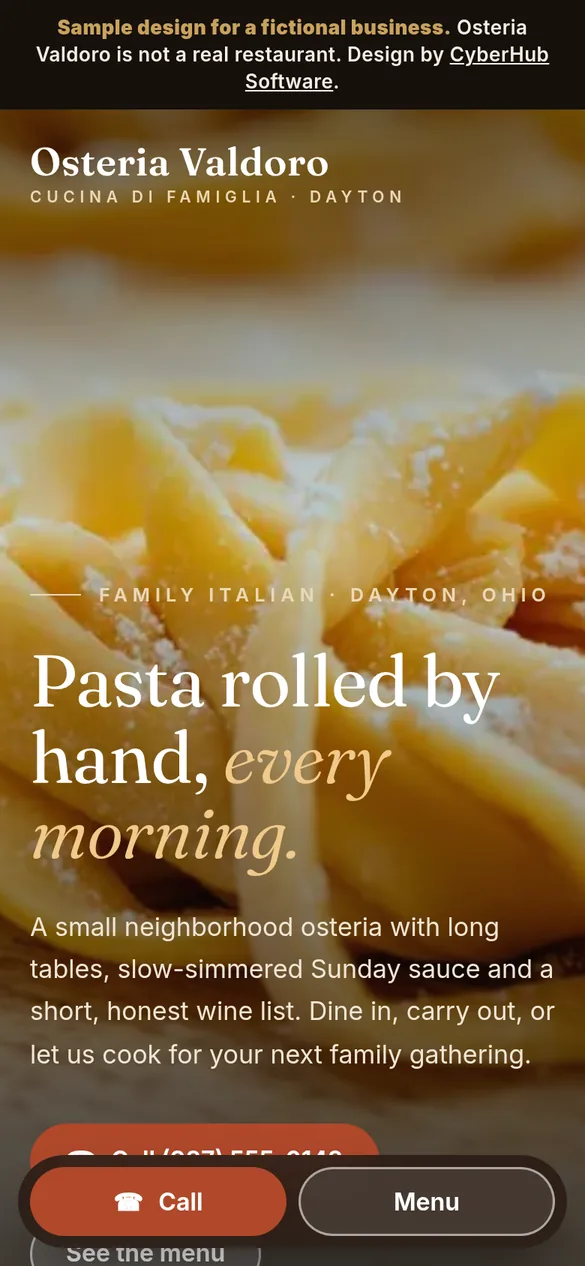 After: CyberHub's modern, phone-first sample design for the fictional Osteria Valdoro