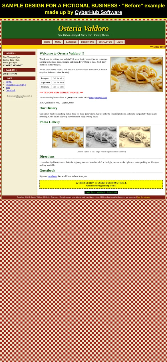 Before: a dated, desktop-only sample site for the fictional Osteria Valdoro, shrunk onto a phone screen